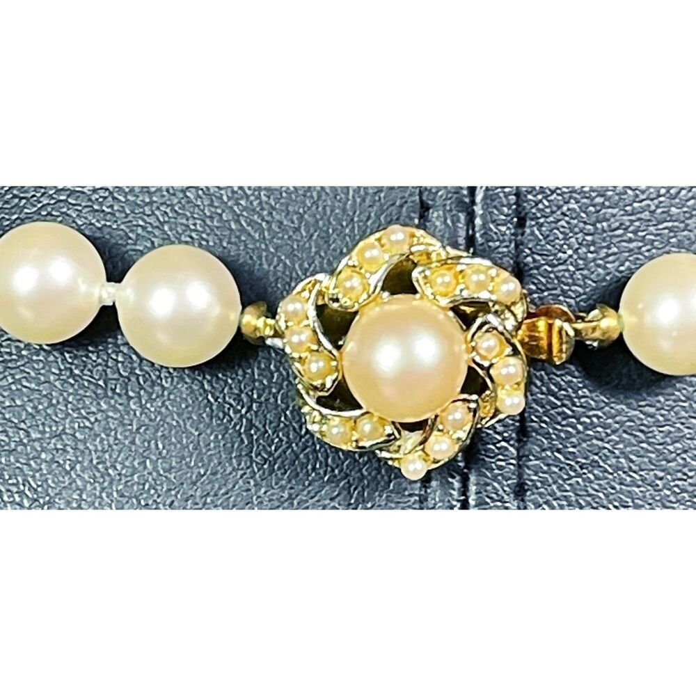 Vintage 50s Faux Pearl Knotted Choker Collar Goldtone Flower Clasp 18in